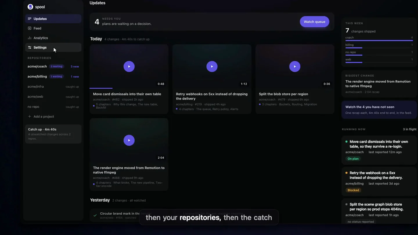 The Spool dashboard listing recent changes